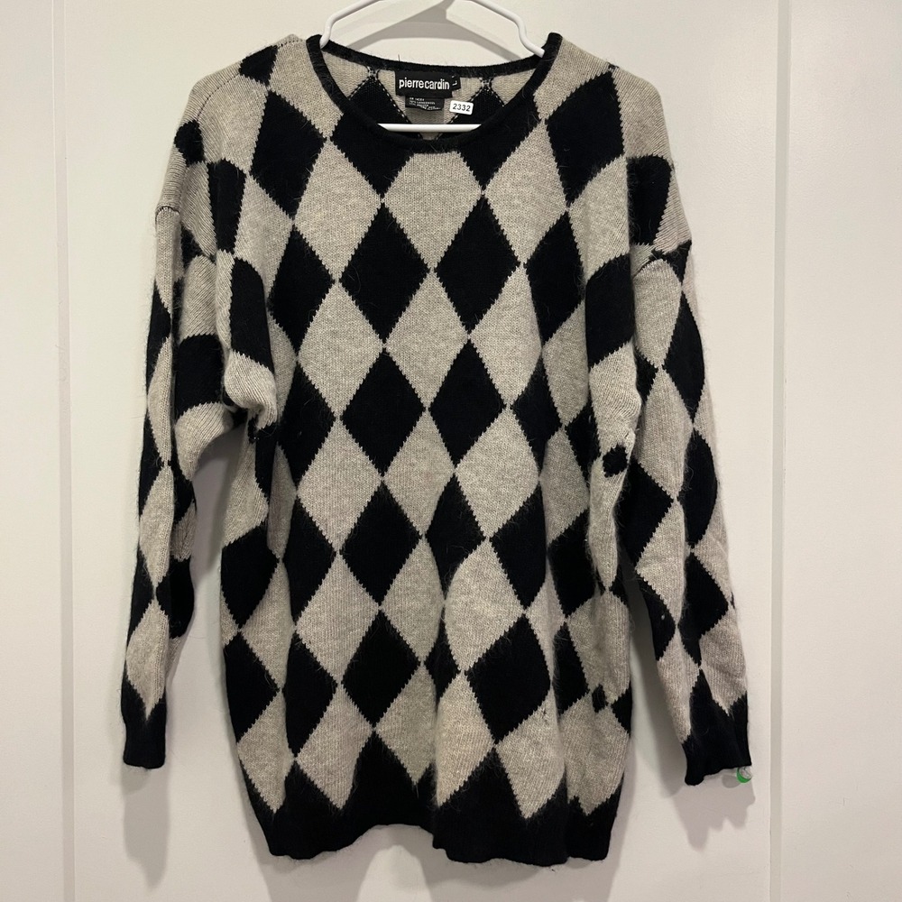 Pierre Cardin Vintage Argyle Sweater Lambswool Angora Black Grey Knit Large